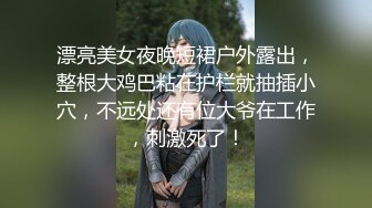 漂亮美女夜晚短裙户外露出，整根大鸡巴粘在护栏就抽插小穴，不远处还有位大爷在工作，刺激死了！